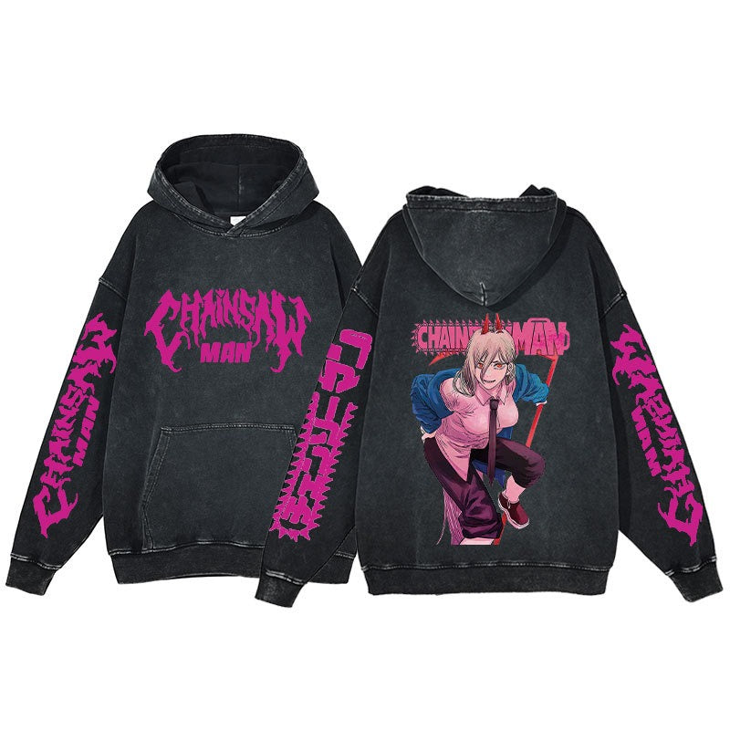 retro distressed hoodie for men and women featuring unique Chainsaw Man design and vibrant colors.