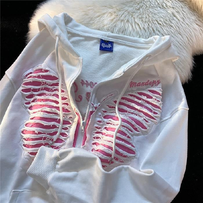Broken Embroidery Butterfly Hoodie Cardigan Sweatshirt Women'S Spring And Autumn Design Sense Small Loose Thin Coat