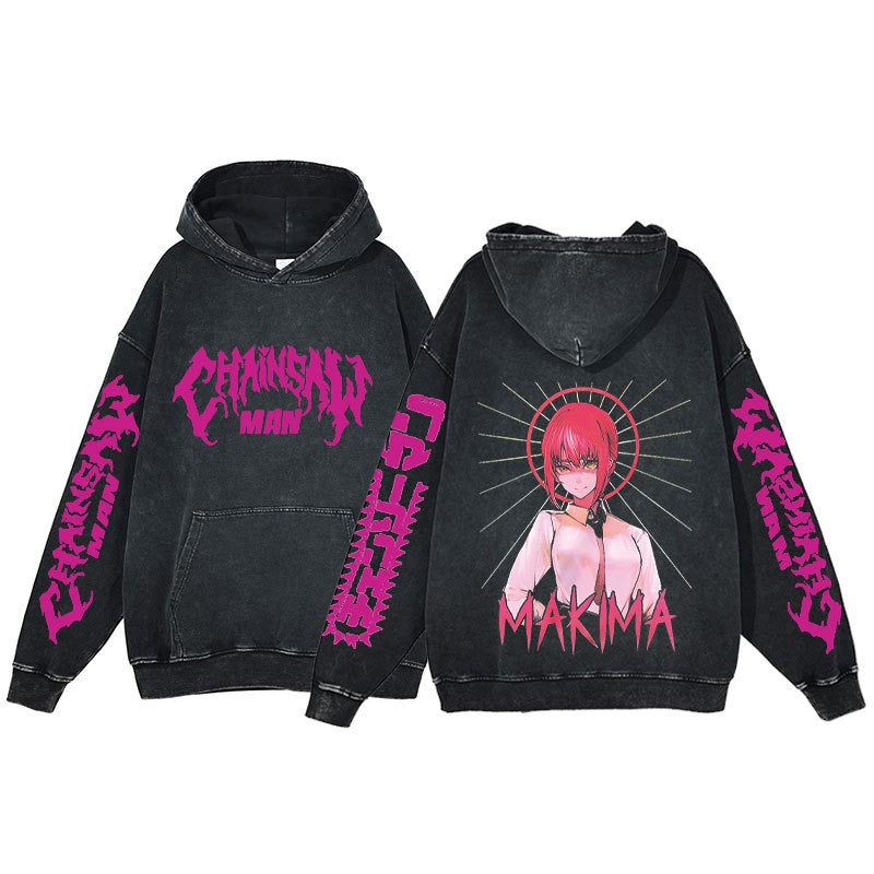 retro distressed hoodie for men and women featuring unique Chainsaw Man design and vibrant colors.