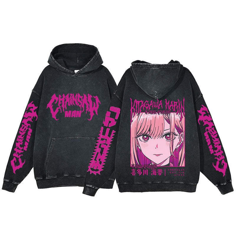 retro distressed hoodie for men and women featuring unique Chainsaw Man design and vibrant colors.