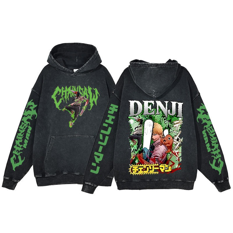 retro distressed hoodie for men and women featuring unique Chainsaw Man design and vibrant colors.