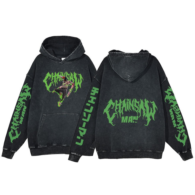retro distressed hoodie for men and women featuring unique Chainsaw Man design and vibrant colors.